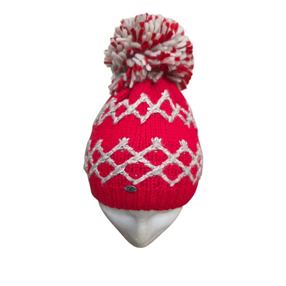 American Eagle Unisex Knit Winter Beanie Hat With Pom Pom Red & White Geometric